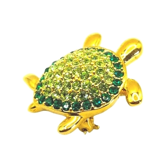 Vintage Monet Turtle Pin Dark Light Green Rhinestones Gold Tone Metal 1" Signed - Picture 1 of 9